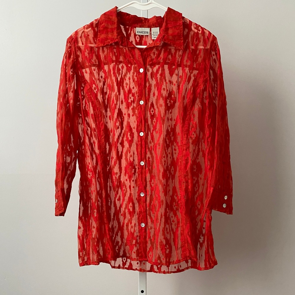 Chico's Boho Beachy Sheer Ikat Button Up Top Size 1 Red‎
